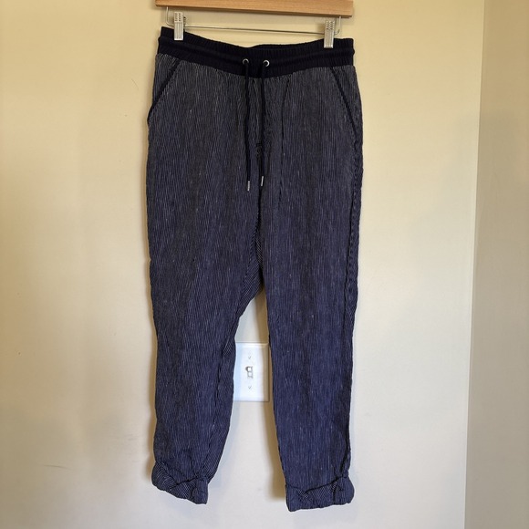 ATHLETA Stripe Bali Linen Ankle Pants 211380 Drawstring Waist Navy Blue SIZE‎ 6 - Picture 1 of 12